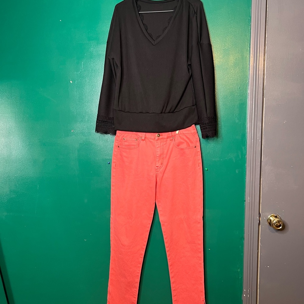 Diane Gilman Coral Jeans and Black Top with Lace Detail Outfit
